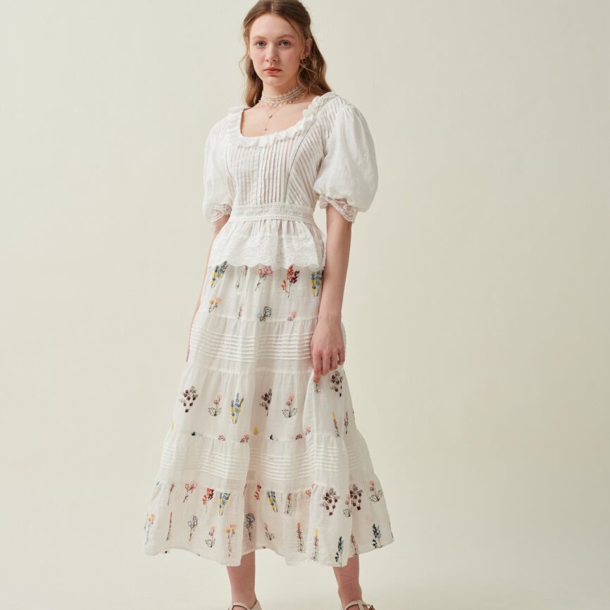 Jomastyle Floral Embroidered Linen Midi Skirt