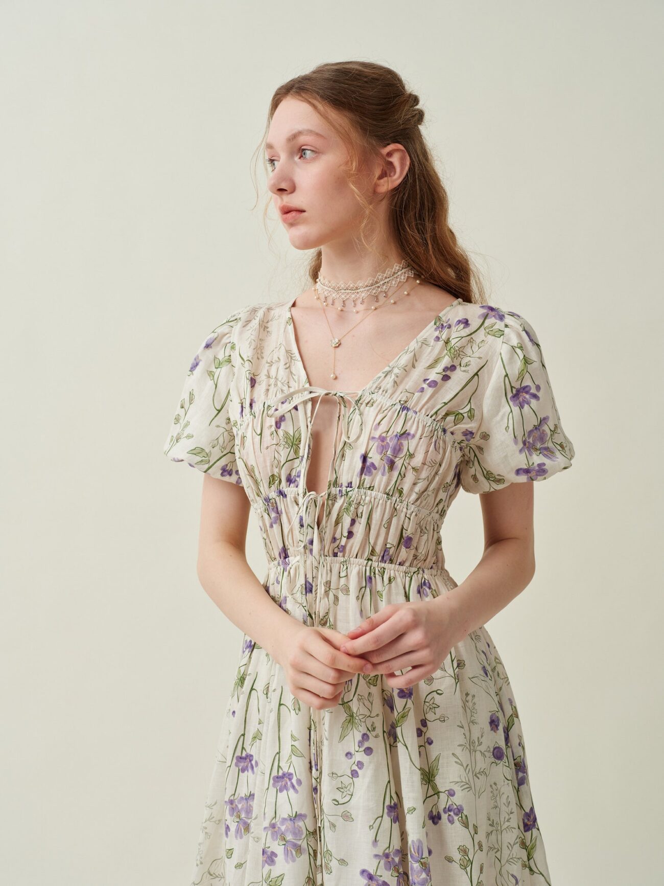 Jomastyle Floral Linen Shirred Dress in Violet