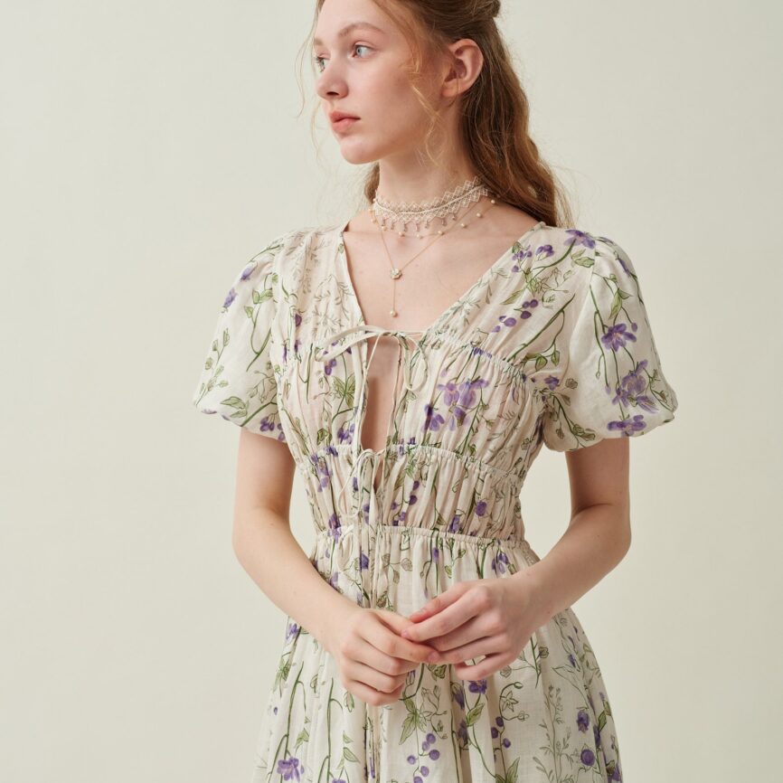 Jomastyle Floral Linen Shirred Dress in Violet