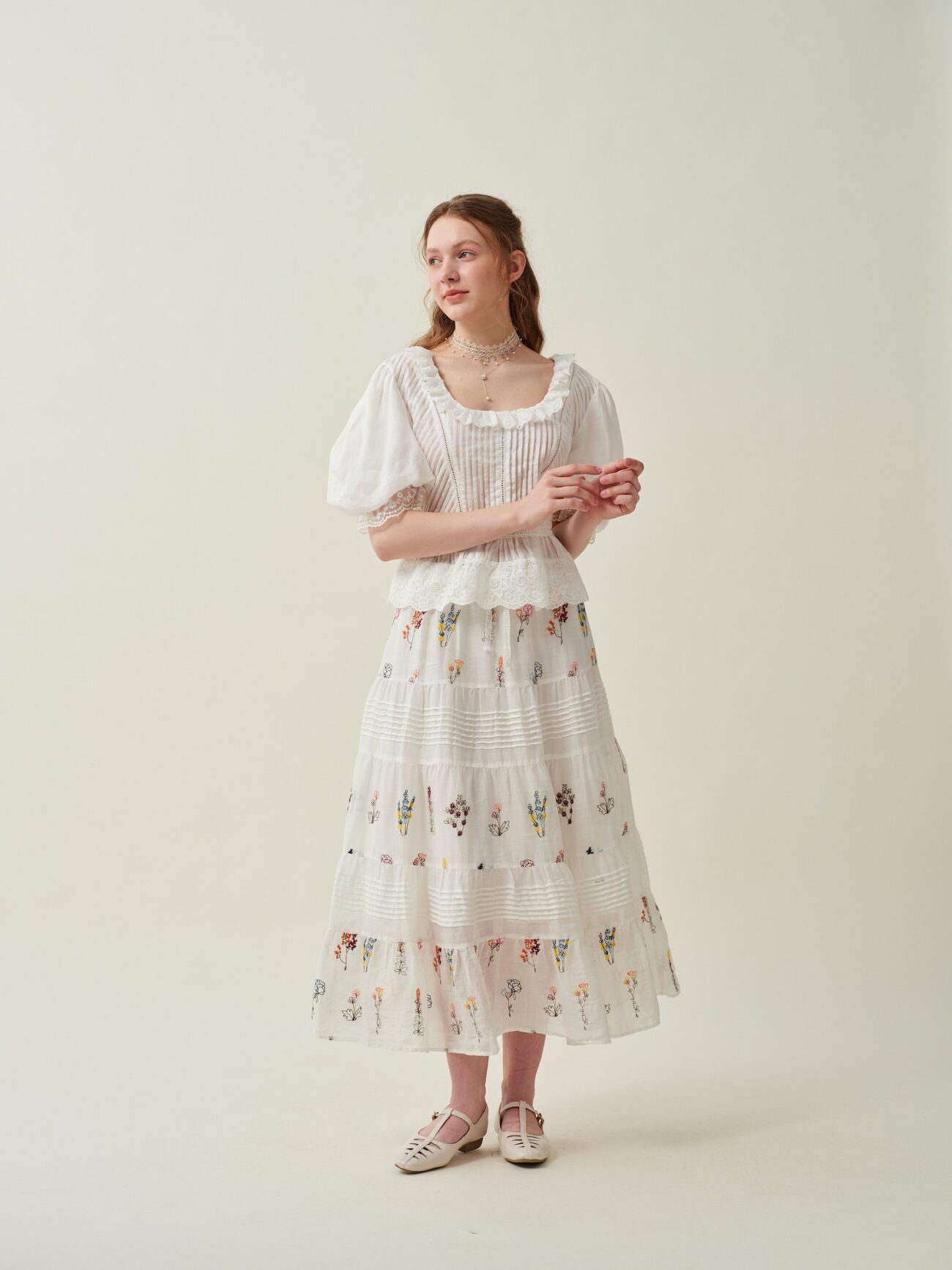 Jomastyle Floral Embroidered Linen Midi Skirt