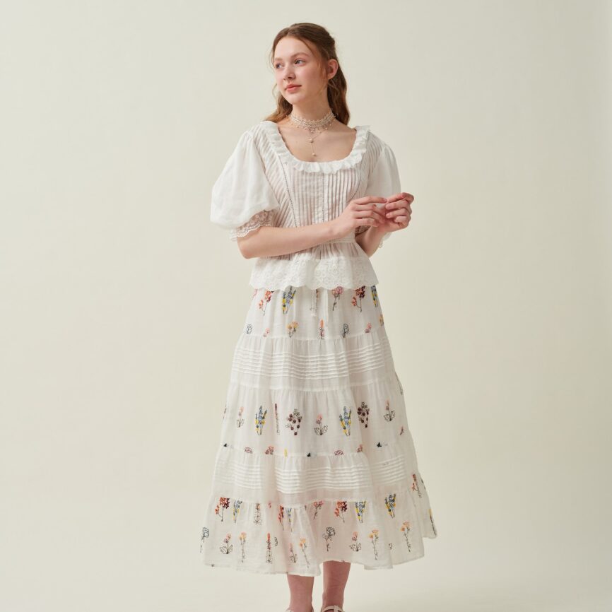 Jomastyle Floral Embroidered Linen Midi Skirt