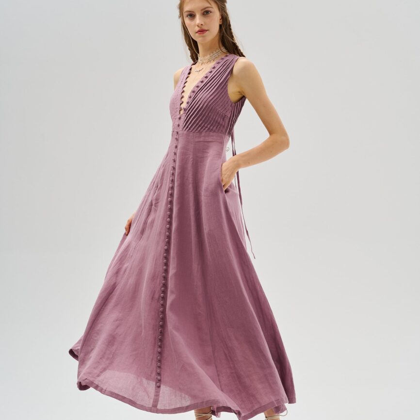 Maxi Linen Dress in Orchid | Elegant Victorian Cocktail Dress