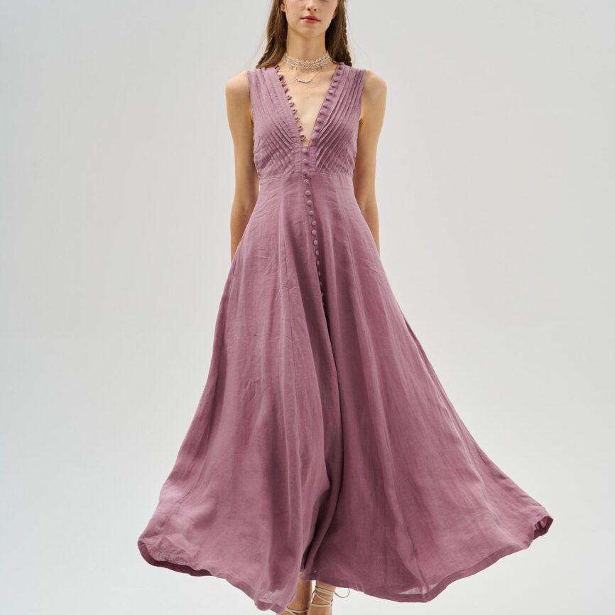 Maxi Linen Dress in Orchid | Elegant Victorian Cocktail Dress