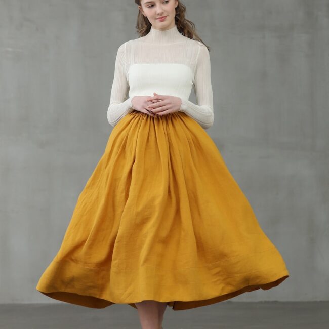 Mustard Linen Midi Skirt: Pleated A-Line Flared 1950s Style