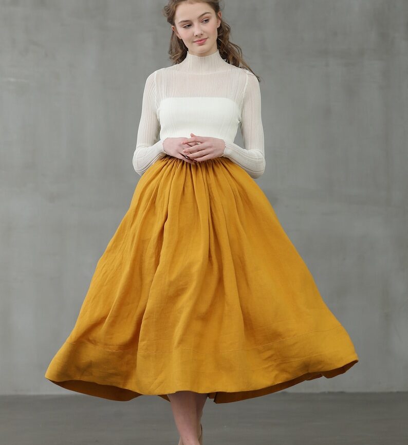 Mustard Linen Midi Skirt: Pleated A-Line Flared 1950s Style