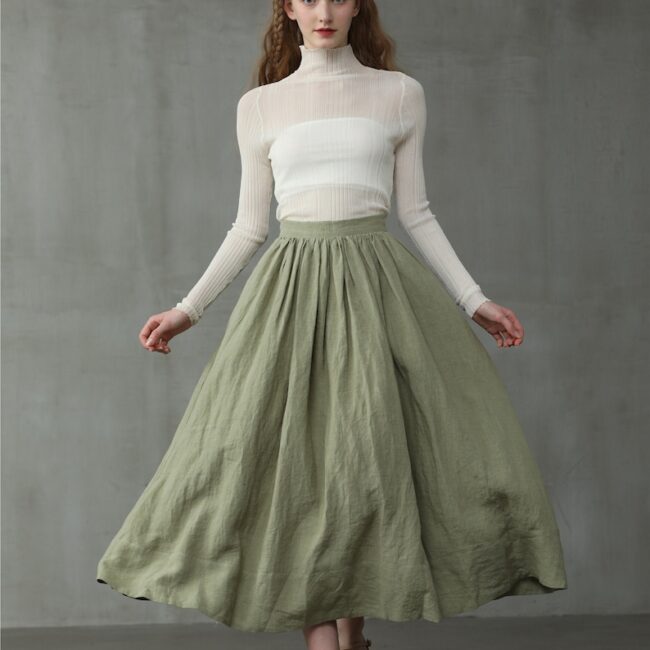 Jomastyle Green Linen Midi Skirt A-Line Flared 1950s Style