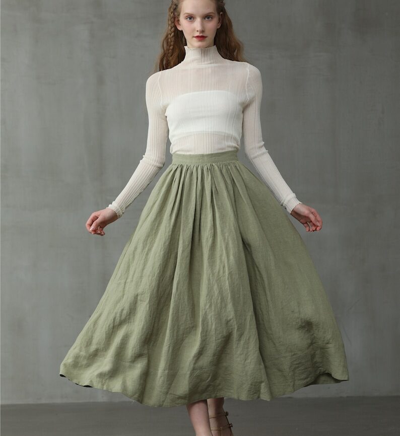 Jomastyle Green Linen Midi Skirt A-Line Flared 1950s Style