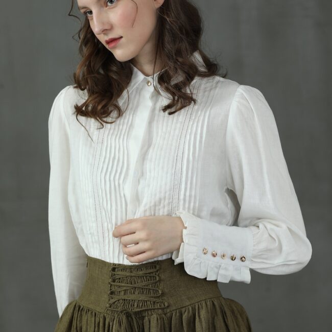 Jomastyle White Pleated Linen Longsleeve Shirt