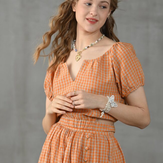 Orange Plaid Linen Puff Sleeve V-Neck Cropped Blouse