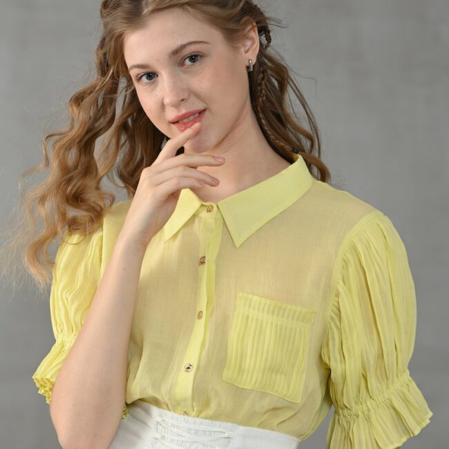 Jomastyle Yellow Accordion Pleated Linen Blouse