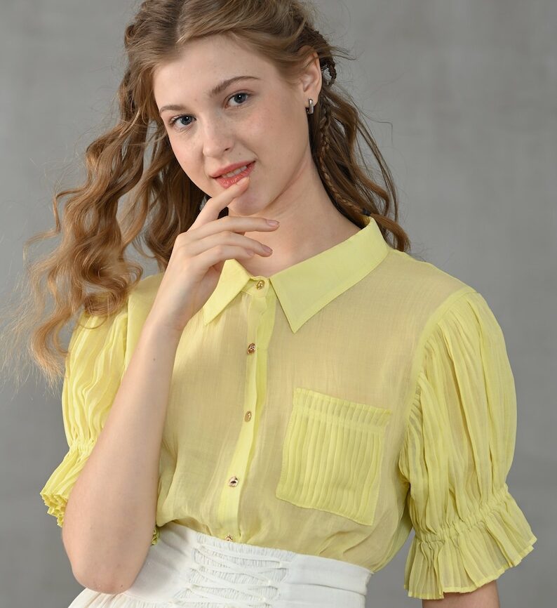 Jomastyle Yellow Accordion Pleated Linen Blouse