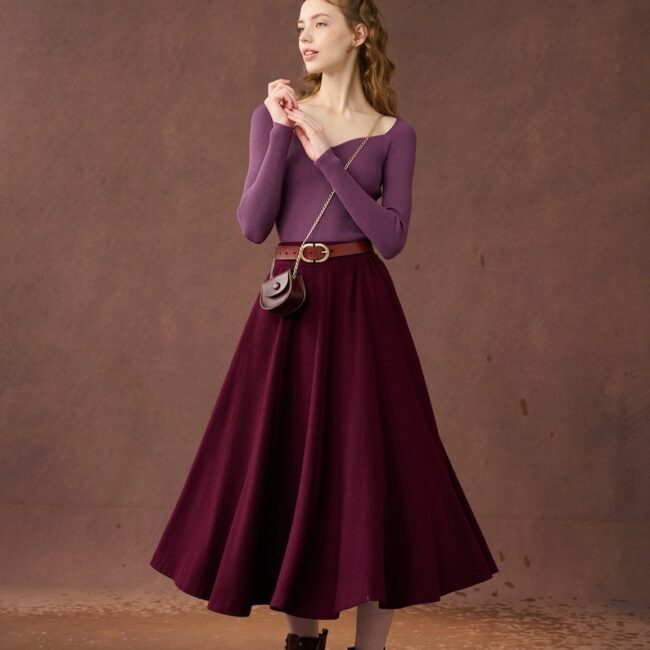 Jomastyle Purple Midi Wool Skirt with Pockets