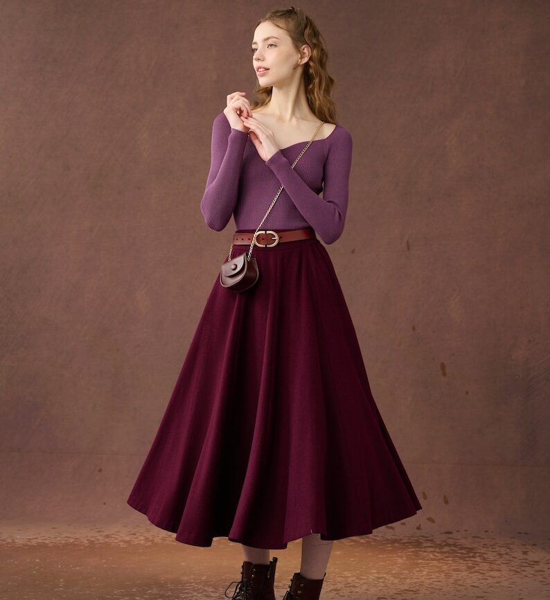 Jomastyle Purple Midi Wool Skirt with Pockets