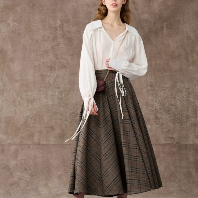 Brown Tartan Maxi Wool Skirt with Pockets