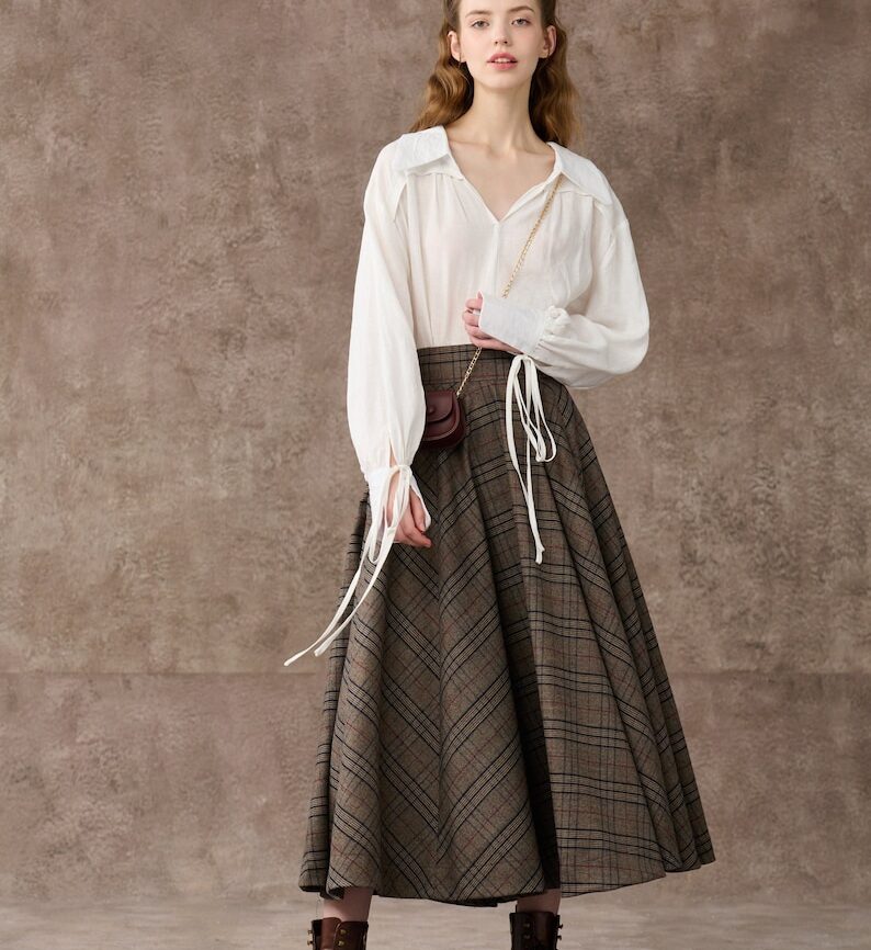 Brown Tartan Maxi Wool Skirt with Pockets