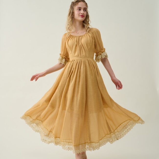 Jomastyle Mustard Ruffle Linen Lace Medieval Victorian French Gothic Evening Dress