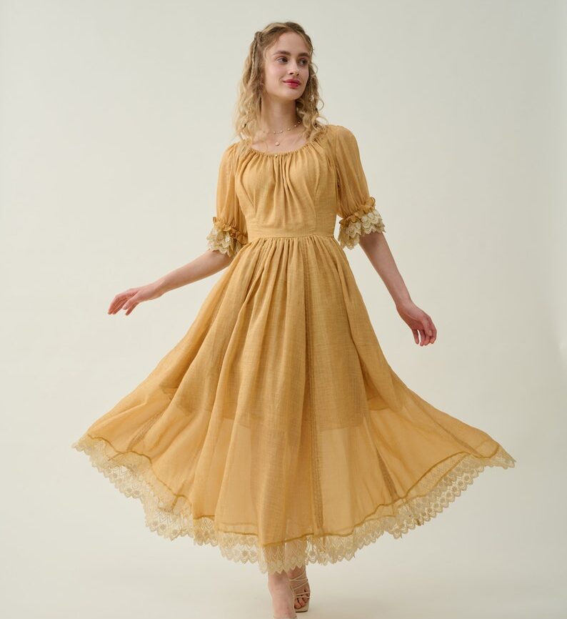 Jomastyle Mustard Ruffle Linen Lace Medieval Victorian French Gothic Evening Dress