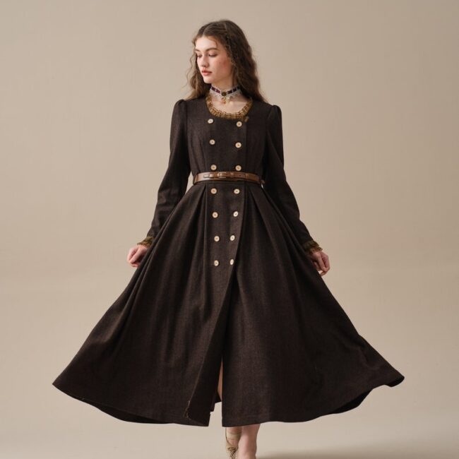 Elegant Vintage Brown Ruffle Wool Dress