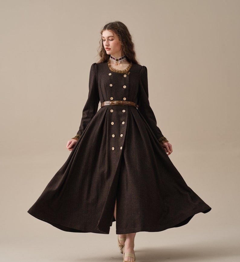 Elegant Vintage Brown Ruffle Wool Dress