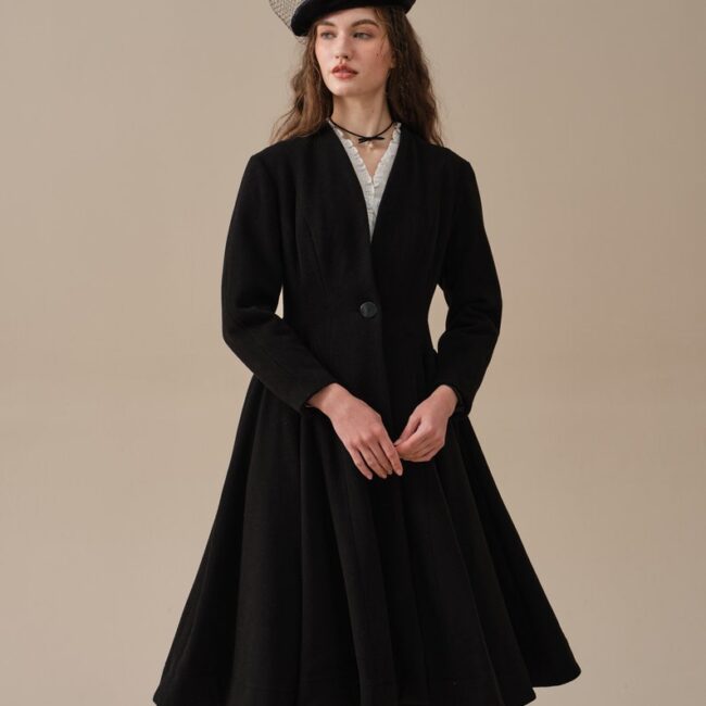 Jomastyle Black Midi Wool Coat Flared 1950s Style