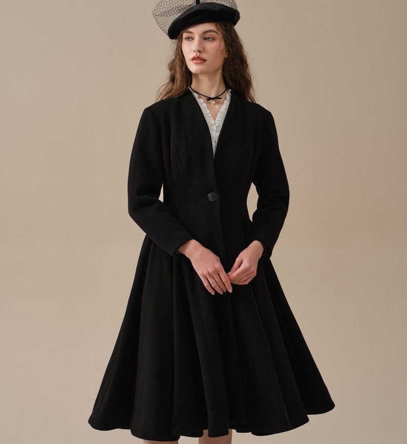 Jomastyle Black Midi Wool Coat Flared 1950s Style