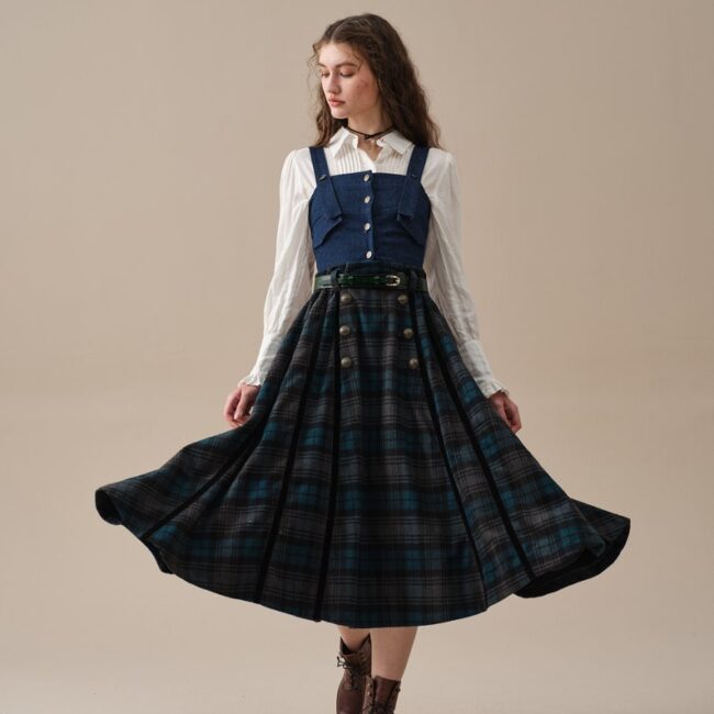 Midnight Blue Tartan Midi Wool Skirt with Pockets