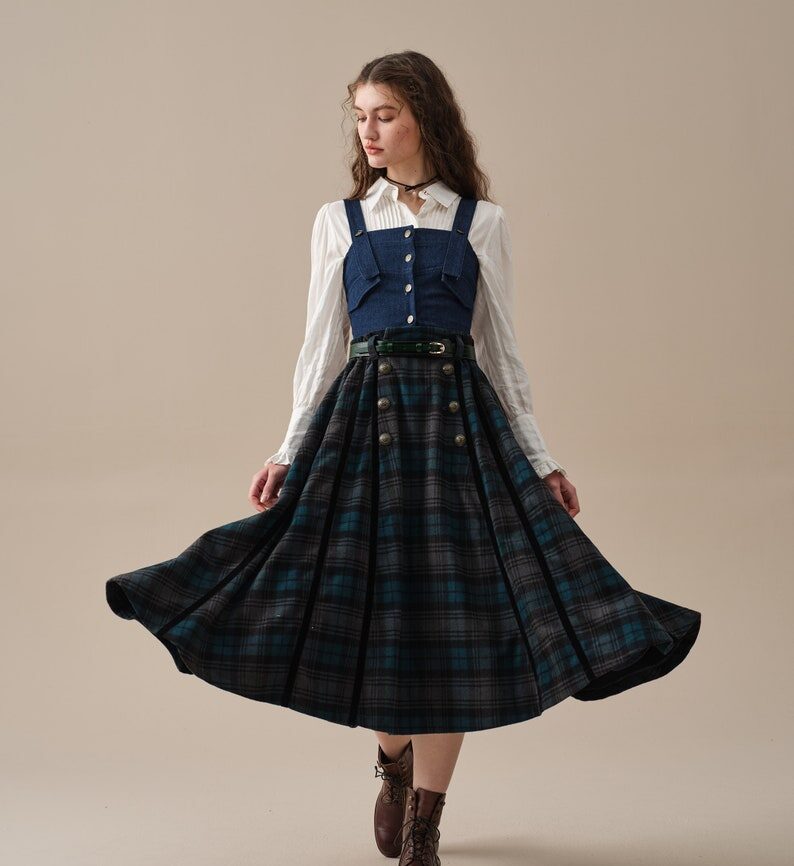 Midnight Blue Tartan Midi Wool Skirt with Pockets