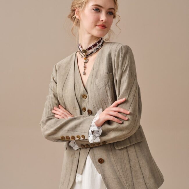 Jomastyle Hazel Green Linen Blazer Coat with Vest