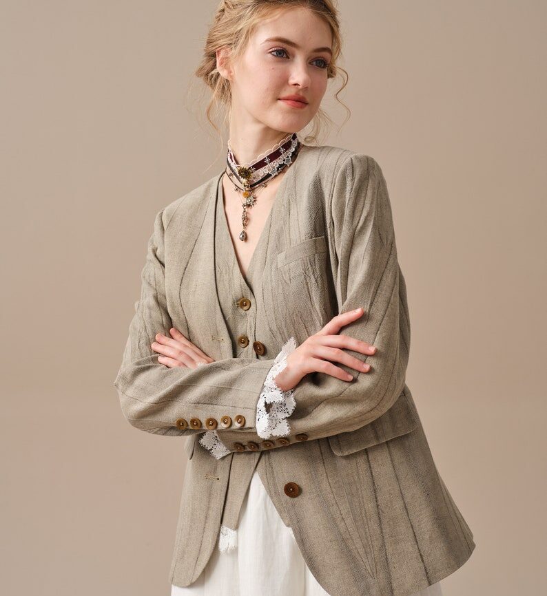 Jomastyle Hazel Green Linen Blazer Coat with Vest