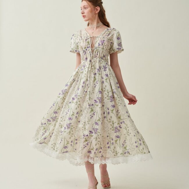 Jomastyle Floral Linen Shirred Dress in Violet