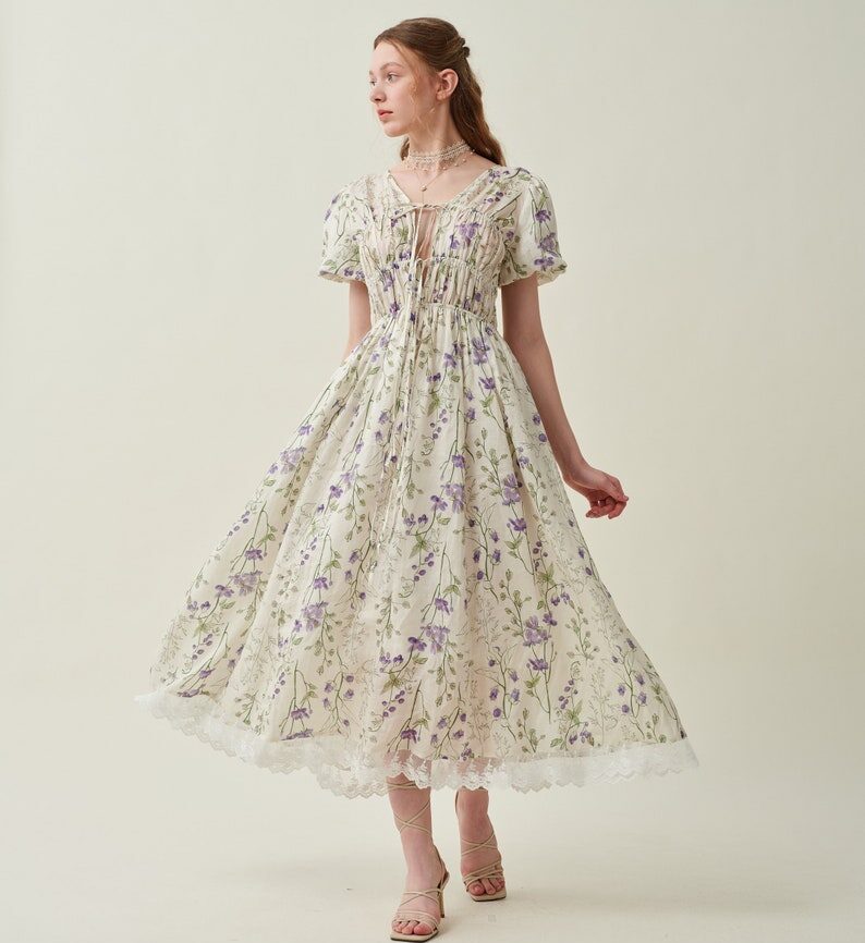 Jomastyle Floral Linen Shirred Dress in Violet