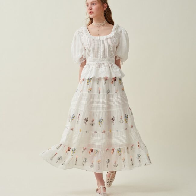 Jomastyle Floral Embroidered Linen Midi Skirt