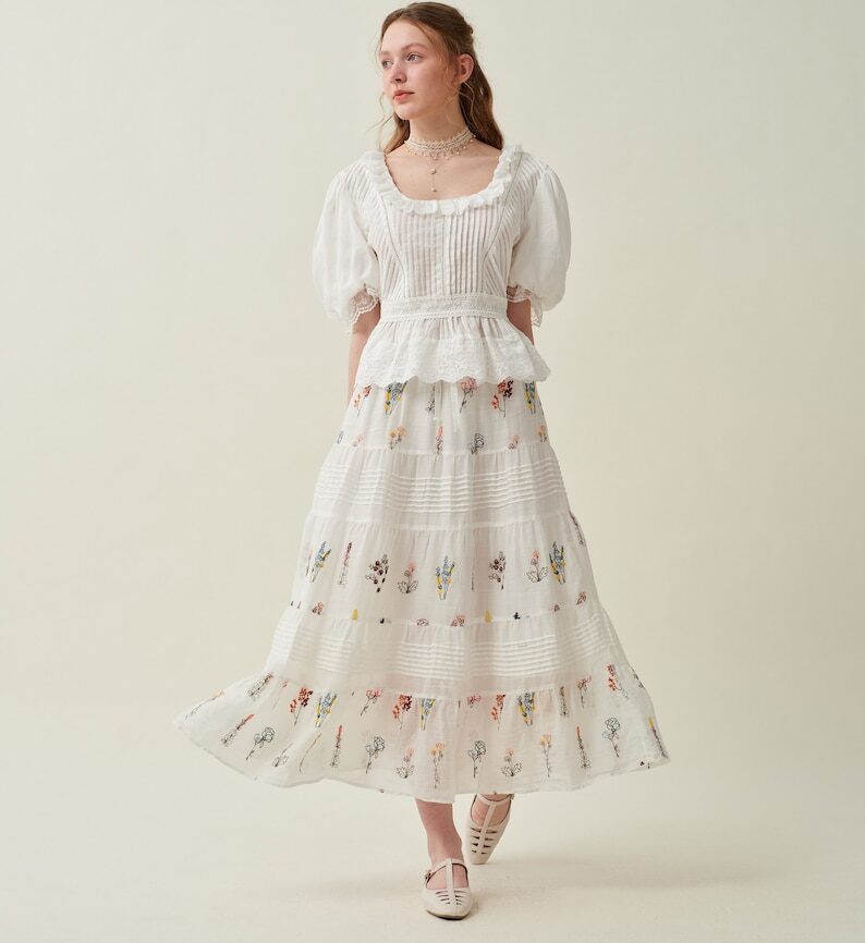 Jomastyle Floral Embroidered Linen Midi Skirt