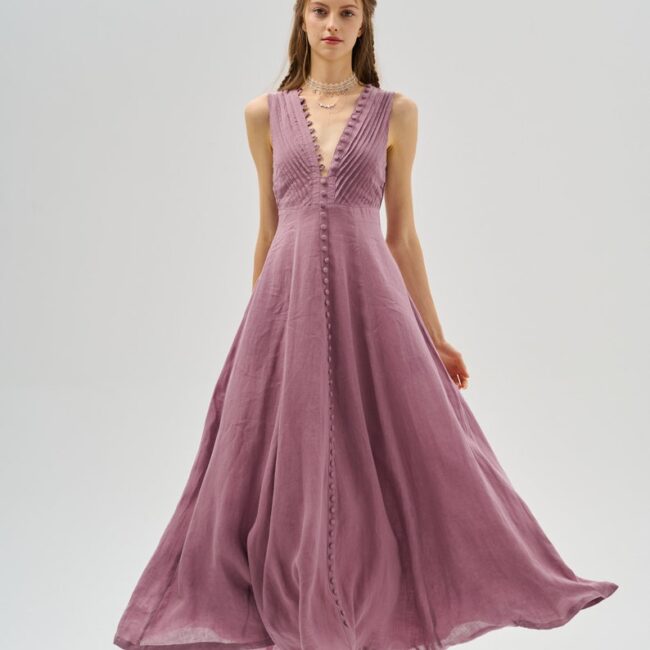 Maxi Linen Dress in Orchid | Elegant Victorian Cocktail Dress