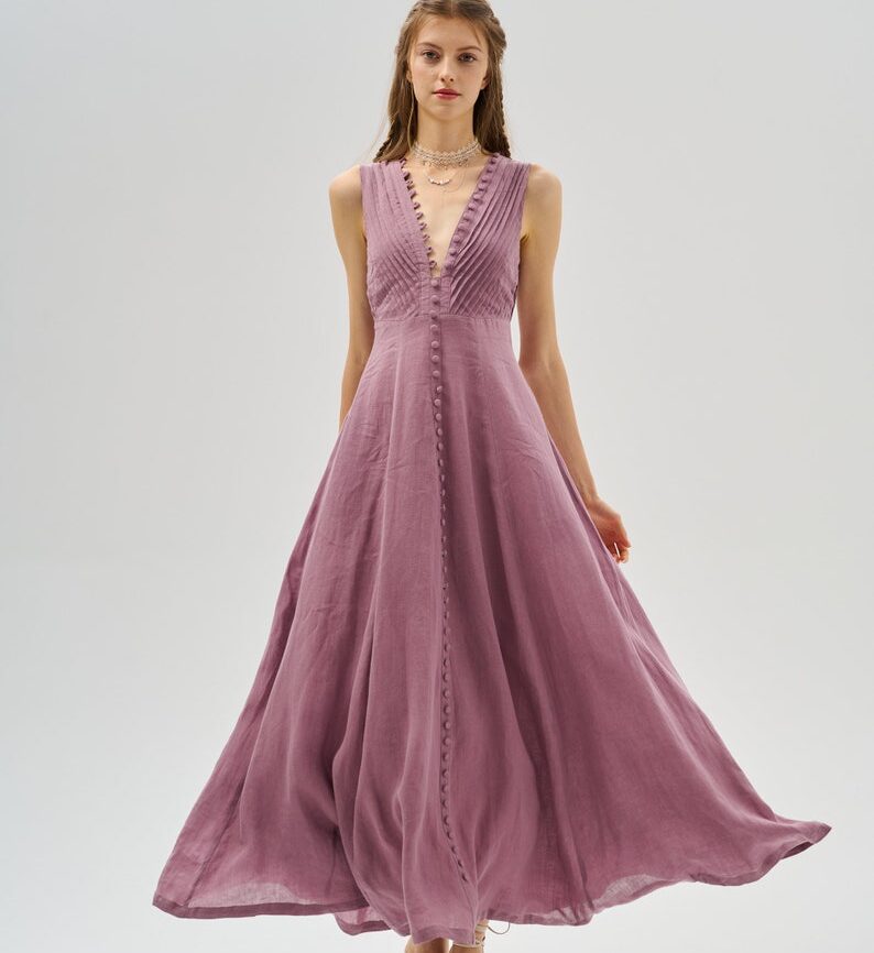 Maxi Linen Dress in Orchid | Elegant Victorian Cocktail Dress