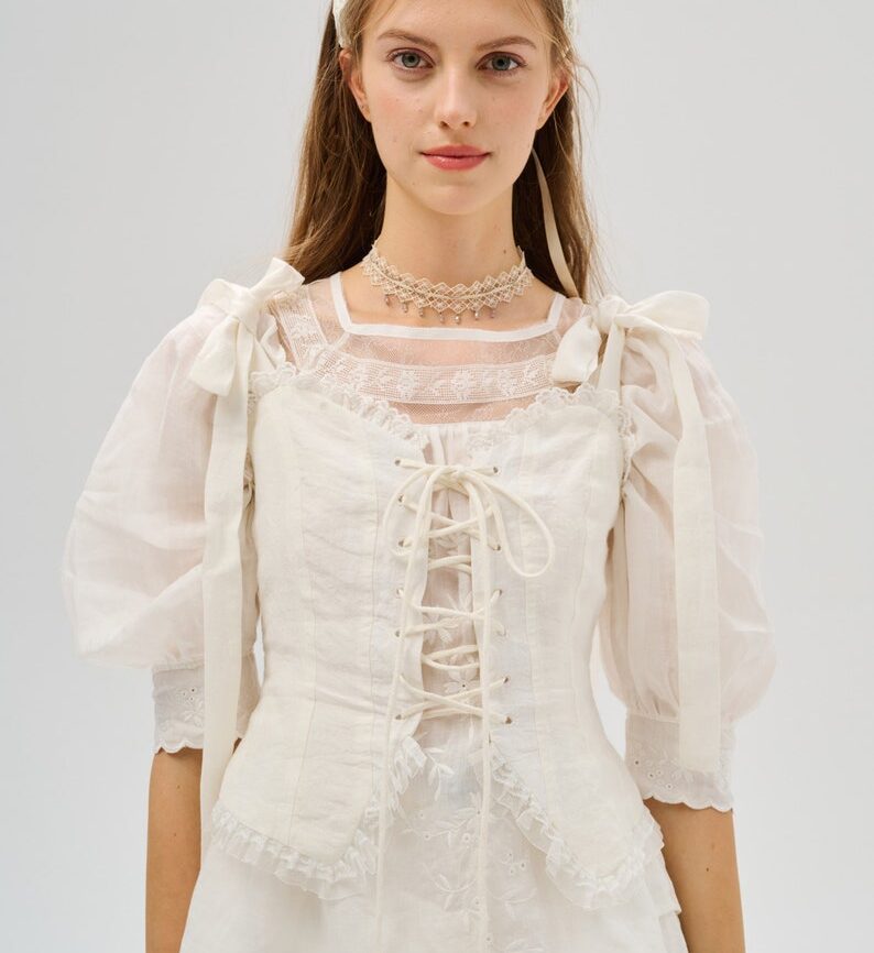 White Linen Tie-Front Corset Vest