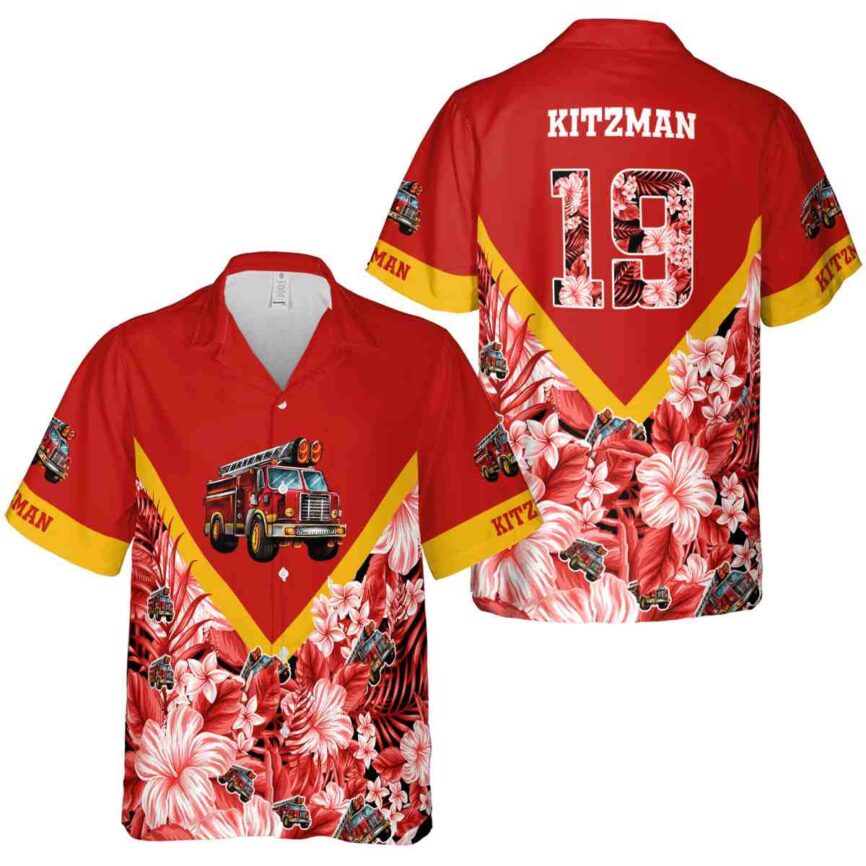 Custom Fire Truck Bold Floral Number Hawaiian Shirt Premium grade