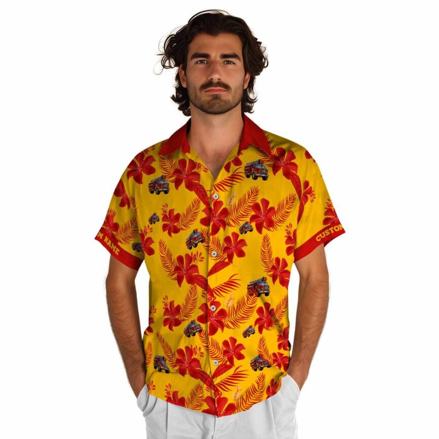 Custom Fire Truck Tropical Flower Hawaiian Shirt New Arrival