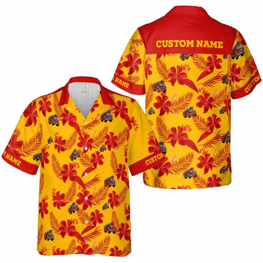 Custom Fire Truck Tropical Flower Hawaiian Shirt Premium grade