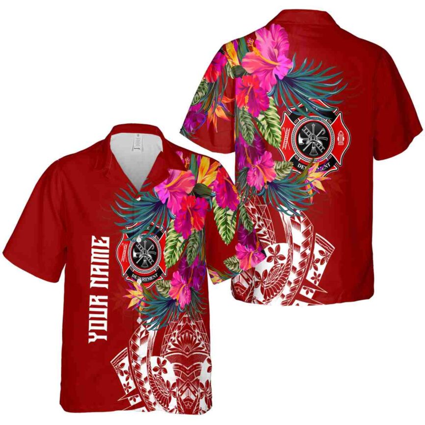 Custom Firefighter Polynesian Flowers Hawaiian Shirt Premium grade