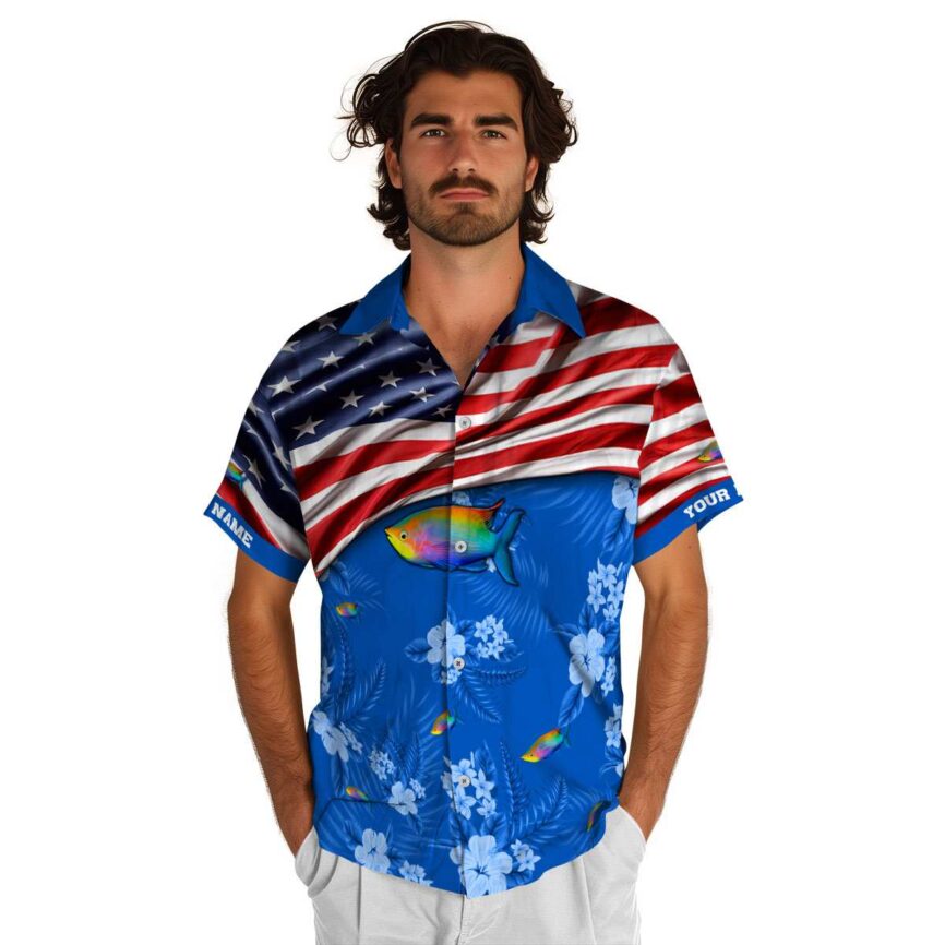 Custom Fish US Flag Themed Hawaiian Shirt New Arrival