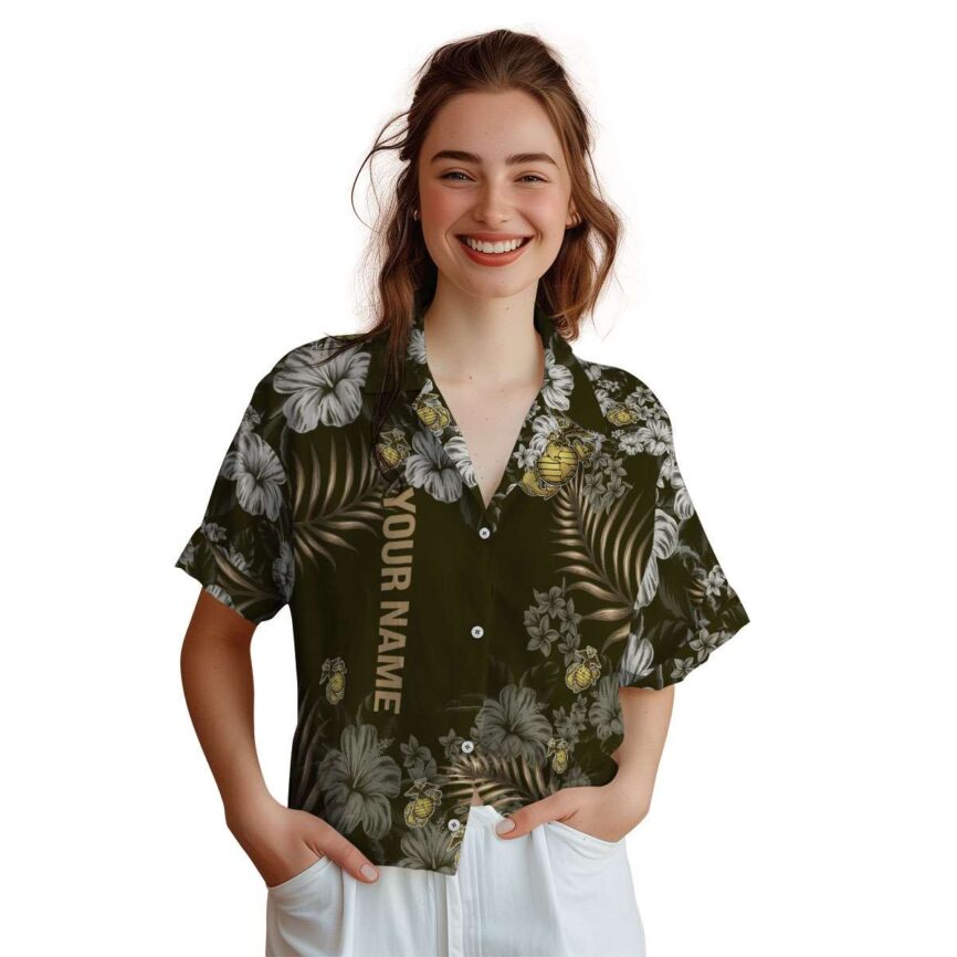 Custom Marine Corps Hibiscus Pattern Hawaiian Shirt Top rated