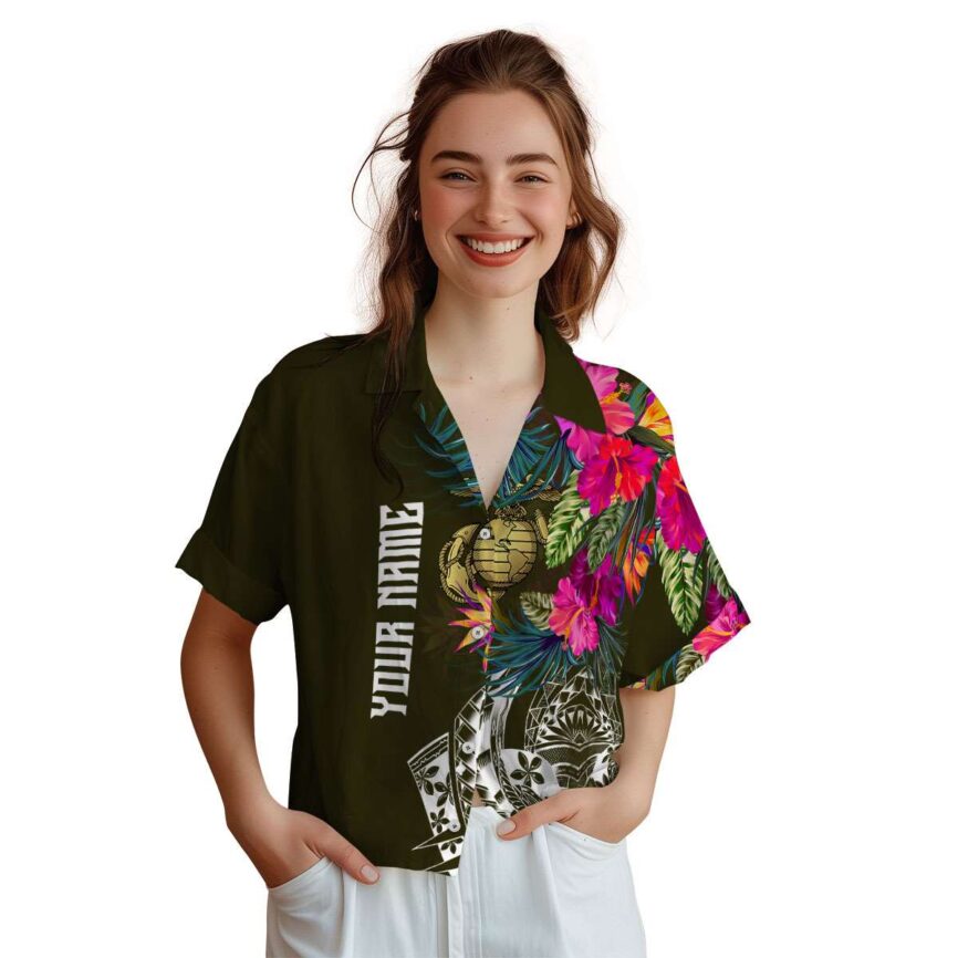 Custom Marine Corps Polynesian Flowers Hawaiian Shirt Top rated