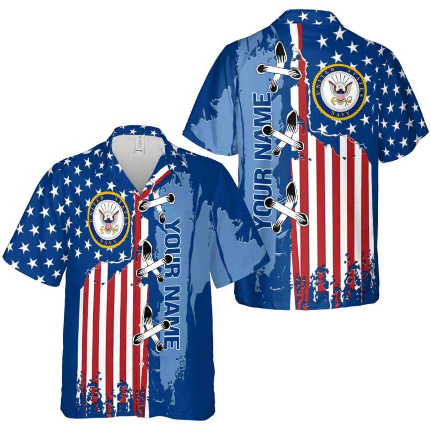 Custom US Navy Flag Stitches Hawaiian Shirt Premium grade