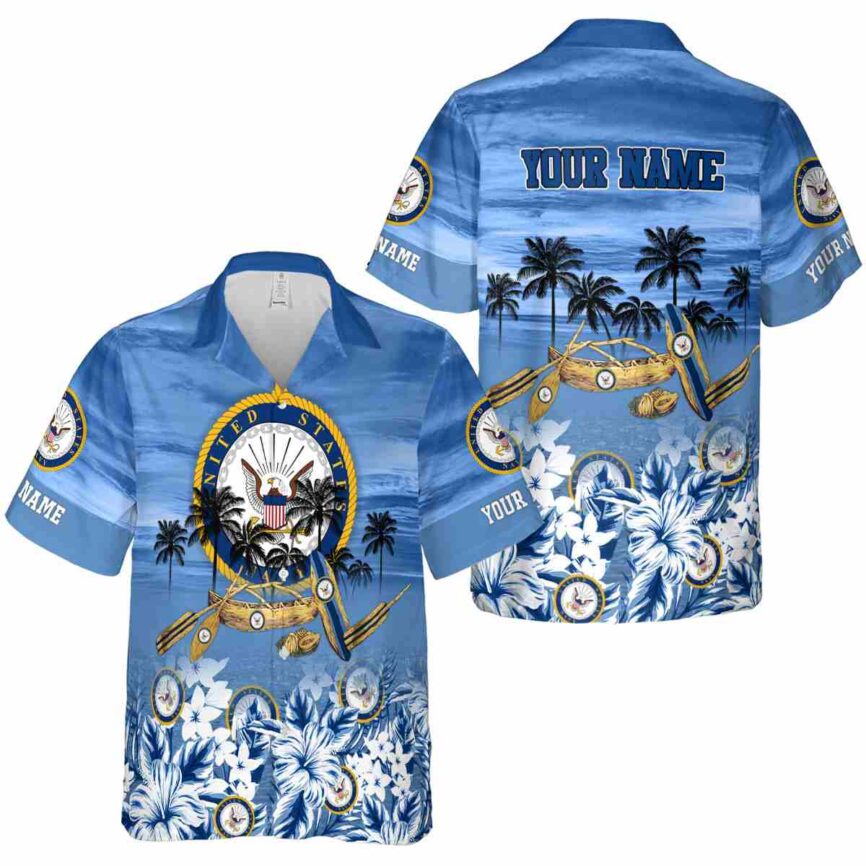 Custom US Navy Sunset Beach Canoe Hawaiian Shirt Premium grade