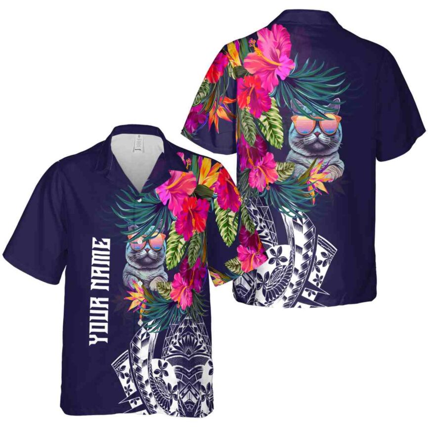 Customized Cat Polynesian Flowers Hawaiian Shirt Premium grade