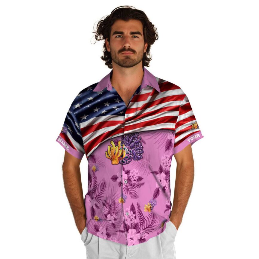 Customized Coral US Flag Themed Hawaiian Shirt New Arrival