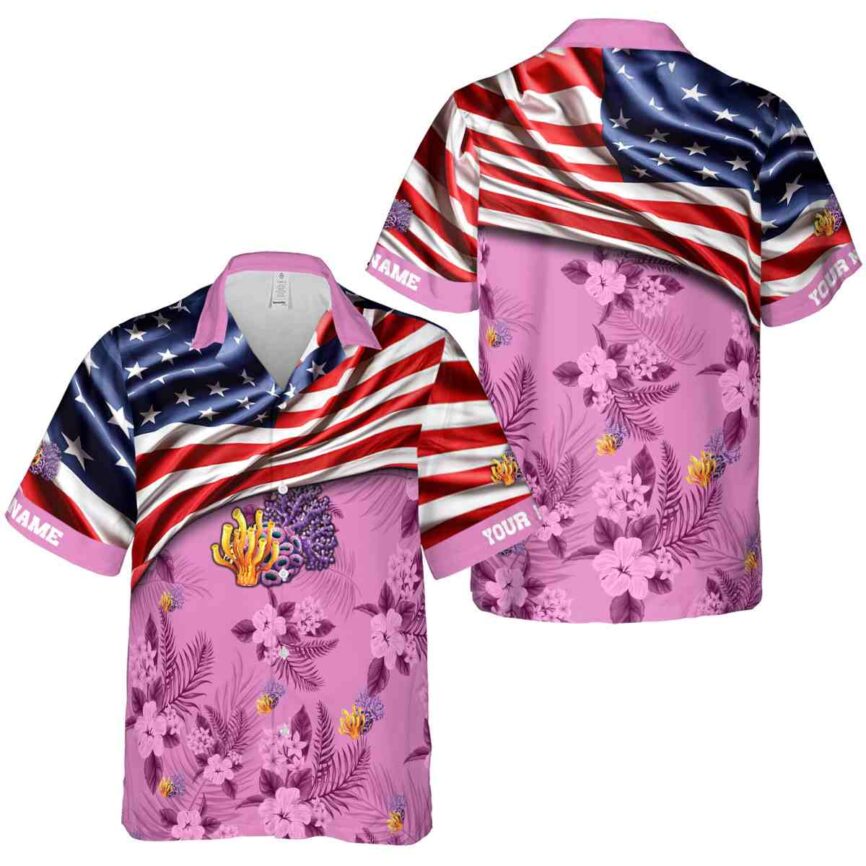 Customized Coral US Flag Themed Hawaiian Shirt Premium grade