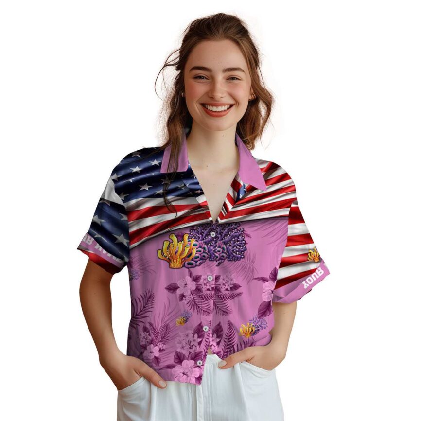 Customized Coral US Flag Themed Hawaiian Shirt Top rated