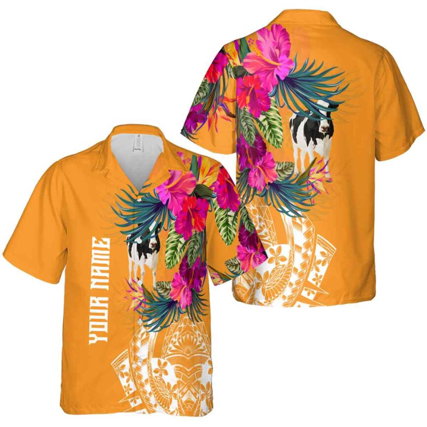 Customized Cow Polynesian Flowers Hawaiian Shirt Premium grade